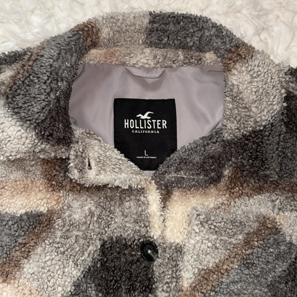 Hollister Teddy Plaid Faux Sherpa Lined Pea Coat, Size L - Picture 5 of 16